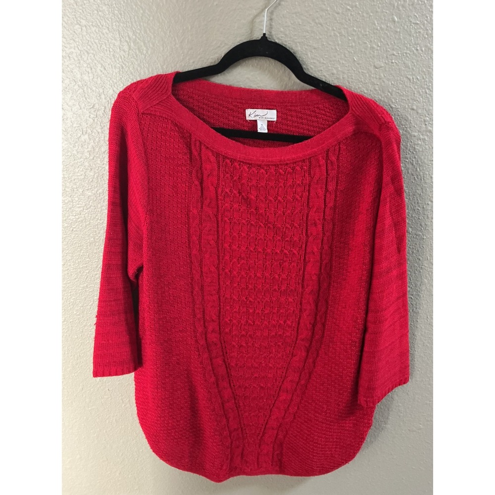 Kim Rogers Red Cable Knit Boat Neck 3/4 Sleeve Sweater XL